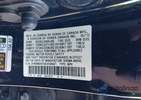 2012 Honda Cr-V Ex-L z USA, uszkodzony, nr VIN 2HKRM3H70CH504621